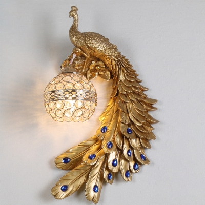 Single-Bulb Peacock Wall Light Kit Art Deco Resin Sconce Lamp with Dome Crystal Shade