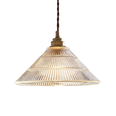 1-Light Clear Ribbed Glass Suspension Lighting Simplicity Brass Cone Kitchen Pendant Lamp