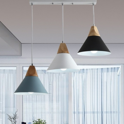Aluminum Conical Pendant Light Fixture Macaron 3-Head Wood Multiple Hanging Lamp