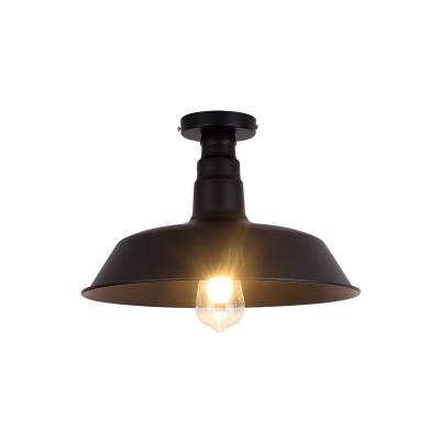 Antique Shaded Ceiling Light Single-Bulb Metallic Semi Flush Light Fixture in Black