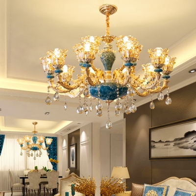 Blossom Living Room Chandelier Vintage Transparent Glass Golden Hanging Lamp with Decorative Crystal