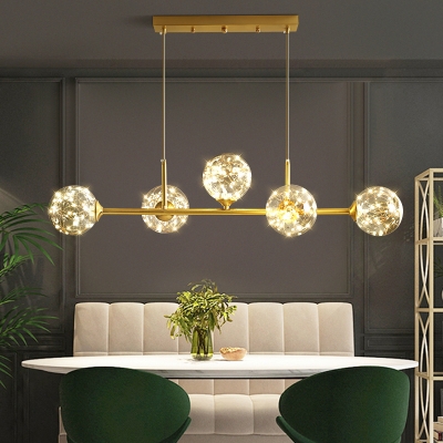 Brass Finish Linear Island Pendant Postmodern Clear Ball Glass LED Hanging Ceiling Light