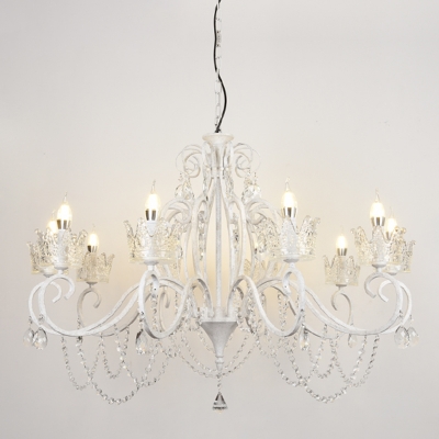 Candle Metal Hanging Lighting Antique Living Room Chandelier with Decorative Crystal Crown and Chain