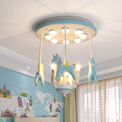 Carousel Childrens Bedroom Ceiling Lighting Resin 11-Light Cartoon Semi Flush Light