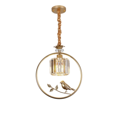Crystal Cup Shaped Down Lighting Pendant Rural 1 Head Dining Room Hanging Light with Bird and Ring Deco