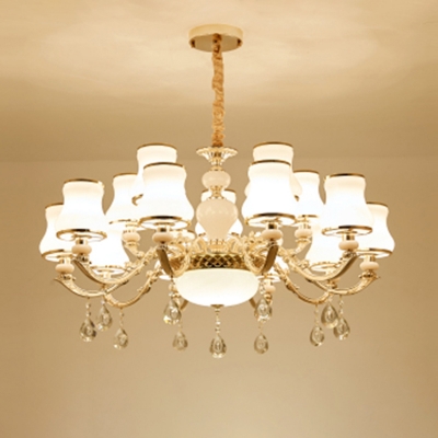 Curve Living Room Suspension Light Retro White Glass Gold Chandelier with K9 Crystal Deco