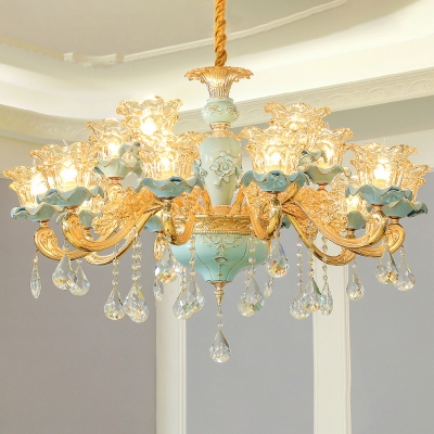 Flower Clear Glass Ceiling Pendant Antique Living Room Chandelier in Blue with Crystal Drip