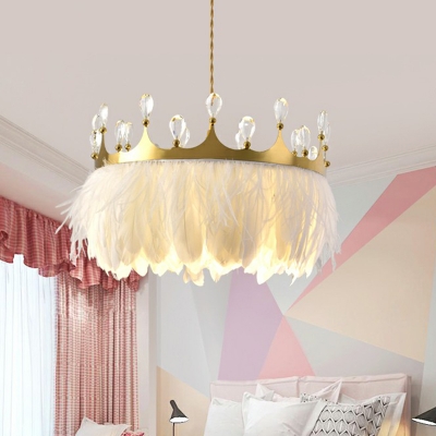 Gold Crown Shaped Drop Pendant Modern 1-Light Feather Suspension Lamp with Crystal Accent