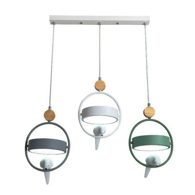 Grey-Green Round Multiple Lamp Pendant Nordic 3-Bulb Acrylic Hanging Light with Metal Ring and Bird