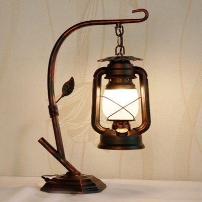 Iron Branch Night Lamp Rustic 1-Light Bedroom Table Light with Suspended Kerosene Lantern