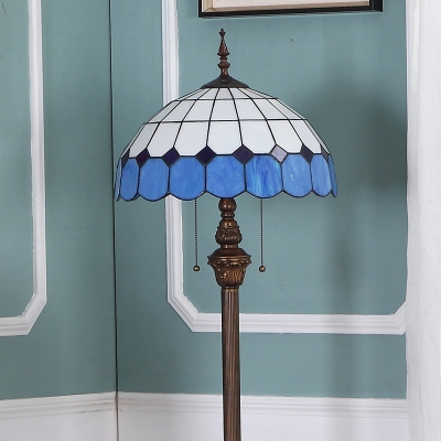 Mediterranean Dome Floor Standing Light 2-Head Cut Glass Floor Lamp in Blue with Pulling Chain