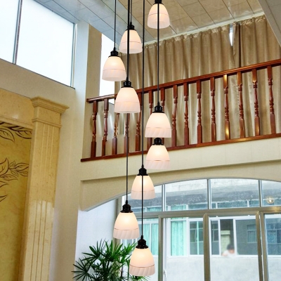 Modern Cluster Bell Pendant Ivory Glass 10-Head Staircase Hanging Light in Black
