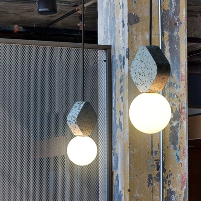 Nordic Style Sphere Suspension Light Cream Glass 1-Light Dining Room Pendant Light Fixture with Terrazzo Decor