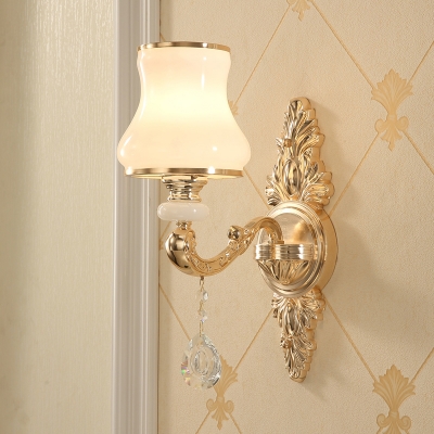 Opaline Glass Flared Sconce Fixture Antique Dining Room Wall Mounted Light in Gold