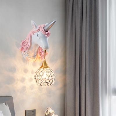 Resin Unicorn Wall Sconce Light Cartoon 1 Bulb Wall Lighting with K9 Crystal Shade