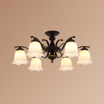 Rustic Style Floral Shade Semi Flush Light Frosted Glass Flush Mount Ceiling Chandelier in Black