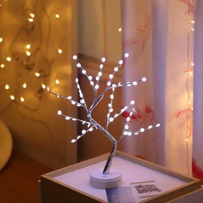 Tree Shaped Battery Table Lamp Modern Plastic Silver Finish LED Night Light for Room Decor