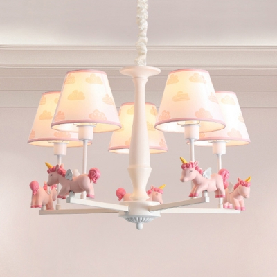 Unicorn Suspension Pendant Light Cartoon Resin Kids Bedroom Chandelier with Tapered Shade in Pink