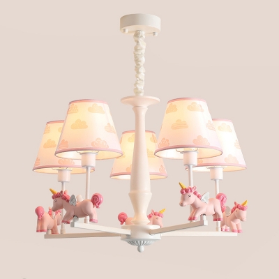 Unicorn Suspension Pendant Light Cartoon Resin Kids Bedroom Chandelier with Tapered Shade in Pink