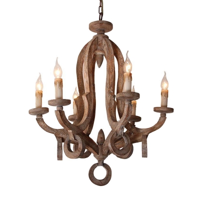 6-Head Faux Candle Pendant Lighting Rustic Brown Wooden Hanging Ceiling Light for Foyer