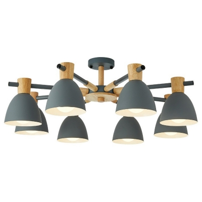 8-Light Living Room Flush Chandelier Nordic Wood Semi Flush Ceiling Light with Bell Metal Shade