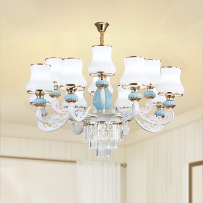 Blue Suspension Lighting Vintage Flared Milk Glass Chandelier with Tiered Tapered Crystal
