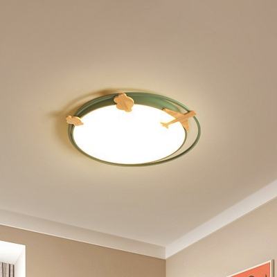 Circle Baby Room Flush Mounted Light Acrylic Cartoon LED Ceiling Fixture with Carved Wood