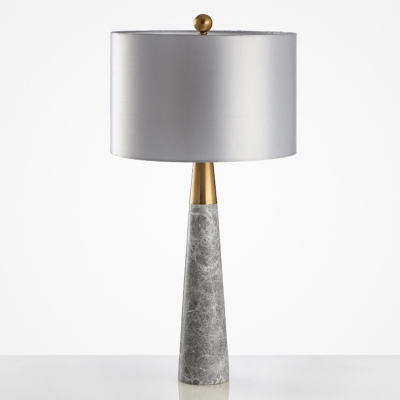 Conical Marble Night Table Light Minimalism 1 Bulb Grey Nightstand Lamp with Cylinder Fabric Shade