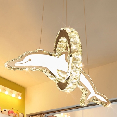 Creative Dolphin and Ring Pendant Lamp Crystal Kids Bedroom LED Chandelier Light in Stainless Steel