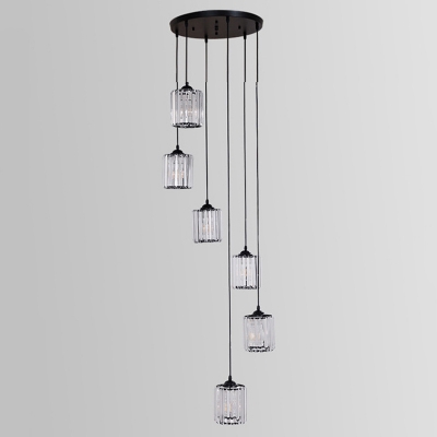 Cylinder Cut-Crystal Multi Pendant Light Minimalist Black Hanging Light Fixture for Living Room