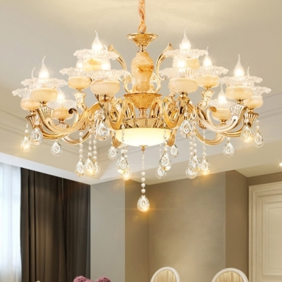 Floral Ceiling Chandelier Traditional Gold Glass Ceiling Lamp with Crystal Draping