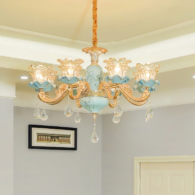 Flower Clear Glass Ceiling Pendant Antique Living Room Chandelier in Blue with Crystal Drip