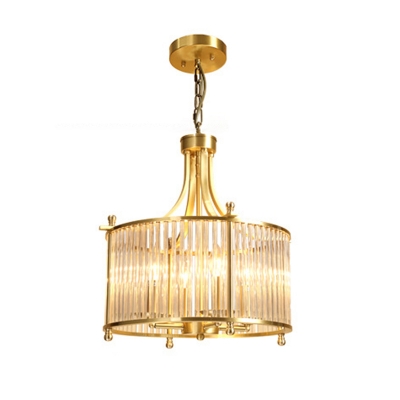 Fluted Glass Drum Shaped Chandelier Minimalist 4-Light Dining Room Drop Pendant in Gold
