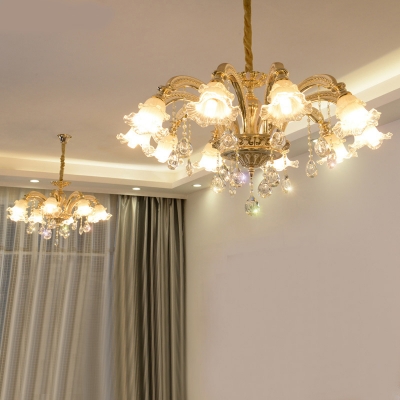 Frost Glass Ceiling Pendant Traditional Gold Flower Shaped Living Room Chandelier with Crystal Drops