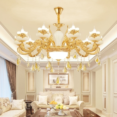 Gold Candelabra Chandelier Light Vintage Opal Glass Living Room Hanging Light with K9 Crystal