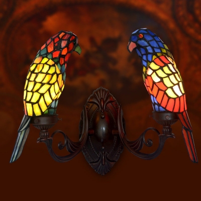 Hand-Cut Stained Glass Black Sconce Lamp Parrot Shaped 1 Bulb Tiffany Wall Mounted Light