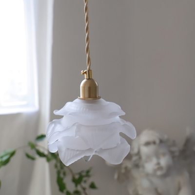 Loft Layered Flower Hanging Light 1-Light Textured White Glass Drop Pendant in Brass