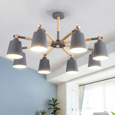 Macaron Radial Chandelier Lamp Wooden 6 Bulbs Living Room Pendant with Tapered Metal Shade