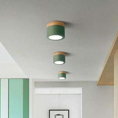 Macaron Surface Mounted LED Ceiling Lamp Wood Splicing Cylinder Flush Mount with Metal Shade