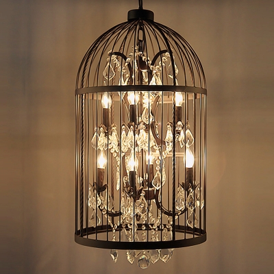 Metal Birdcage Pendant Chandelier Rustic Restaurant Hanging Ceiling Light with Crystal Accent