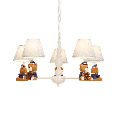 Officer Bear Hanging Pendant Cartoon Resin Bedroom Chandelier with Tapered Fabric Shade in White