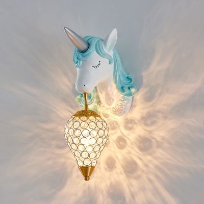 Resin Unicorn Wall Sconce Light Cartoon 1 Bulb Wall Lighting with K9 Crystal Shade