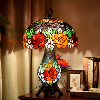 Rose Blossom Stained Glass Night Light Tiffany 3-Bulb Green Table Lighting with Pull Switch