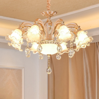 Ruffled Hanging Light Fixture Gold Frost Glass Chandelier with Crystal Pendalogues for Restaurant