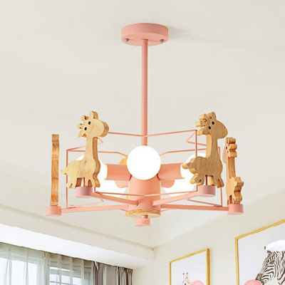Sika Deer Wooden Chandelier Macaron 6 Lights Ceiling Suspension Lamp with Wire Cage