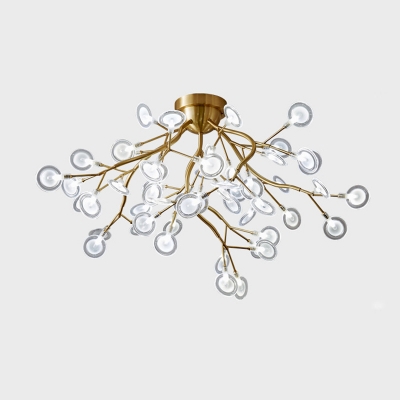Simplistic Tree Branch LED Semi Flush Metallic Living Room Ceiling Mount Chandelier