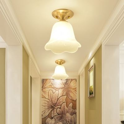 Traditional Flower Shade Flush Mount Light 1-Light Opal Glass Semi Flush Ceiling Light in Gold