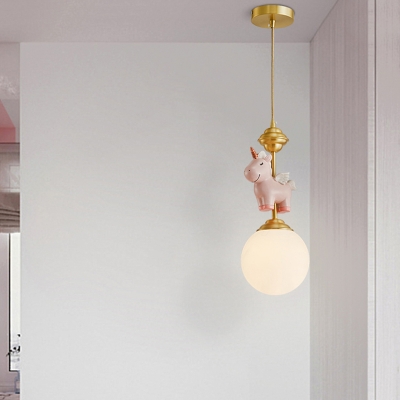 Unicorn Bedside Pendulum Light Resin Single Cartoon Ceiling Pendant with Sphere Opal Glass Shade