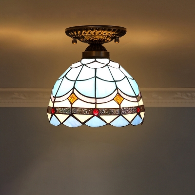 1-Light Hallway Ceiling Fixture Tiffany Semi Flush Light with Dome Cut Glass Shade