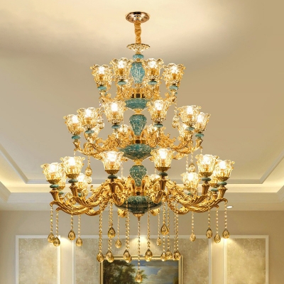 2-Layered Flower Glass Indoor Light Fixture Traditional Dining Room Light Fitting in Gold